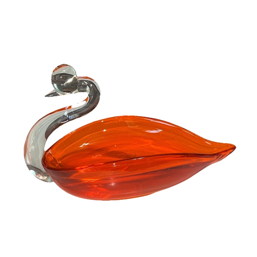 Vintage Mid Century Modern Orange Art Glass Bird Swan Candy Dish Bowl Decor Chip